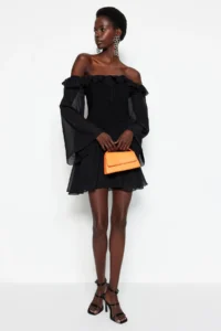 TRENDYOLMİLLA Black A-Kesim Lined with flywheel Boho Weaving Siphon Short Evening Gown Gece Graduation Dress - Image 4