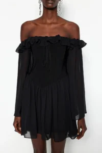 TRENDYOLMİLLA Black A-Kesim Lined with flywheel Boho Weaving Siphon Short Evening Gown Gece Graduation Dress - Image 5