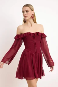 TRENDYOLMİLLA Burgundy A-Cut Wedding/Marriage Chic Evening Gown Flight Flight Graduation Dress