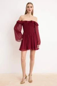 TRENDYOLMİLLA Burgundy A-Cut Wedding/Marriage Chic Evening Gown Flight Flight Graduation Dress - Image 2