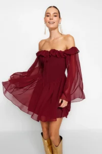 TRENDYOLMİLLA Burgundy A-Cut Wedding/Marriage Chic Evening Gown Flight Flight Graduation Dress - Image 5