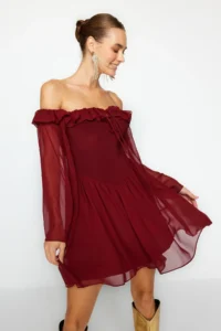 TRENDYOLMİLLA Burgundy A-Cut Wedding/Marriage Chic Evening Gown Flight Flight Graduation Dress - Image 6