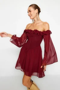 TRENDYOLMİLLA Burgundy A-Cut Wedding/Marriage Chic Evening Gown Flight Flight Graduation Dress - Image 7