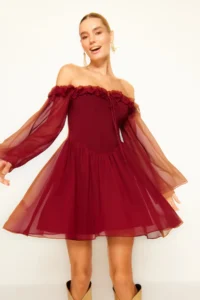 TRENDYOLMİLLA Burgundy A-Cut Wedding/Marriage Chic Evening Gown Flight Flight Graduation Dress - Image 8
