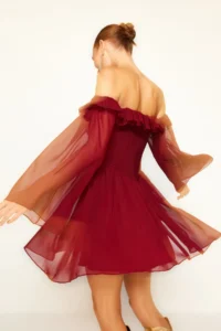TRENDYOLMİLLA Burgundy A-Cut Wedding/Marriage Chic Evening Gown Flight Flight Graduation Dress - Image 9