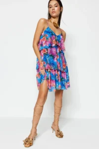 TRENDYOLMİLLA Multicolored Lined A-Cut Floral Tulle Knitting Short Flight Flight Evening Gown Graduation Dress - Image 2