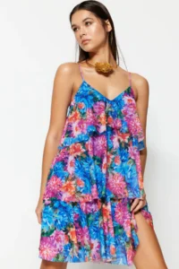 TRENDYOLMİLLA Multicolored Lined A-Cut Floral Tulle Knitting Short Flight Flight Evening Gown Graduation Dress - Image 3