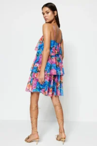 TRENDYOLMİLLA Multicolored Lined A-Cut Floral Tulle Knitting Short Flight Flight Evening Gown Graduation Dress - Image 5