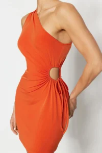 TRENDYOLMİLLA Orange Fitted Waist Low-cut Knitting Evening Gown Night Graduation Dress - Image 4