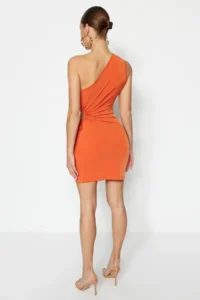 TRENDYOLMİLLA Orange Fitted Waist Low-cut Knitting Evening Gown Night Graduation Dress - Image 6