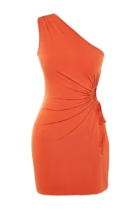 TRENDYOLMİLLA Orange Fitted Waist Low-cut Knitting Evening Gown Night Graduation Dress - Image 7