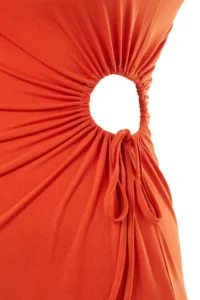 TRENDYOLMİLLA Orange Fitted Waist Low-cut Knitting Evening Gown Night Graduation Dress - Image 8