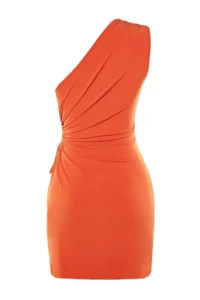 TRENDYOLMİLLA Orange Fitted Waist Low-cut Knitting Evening Gown Night Graduation Dress - Image 9