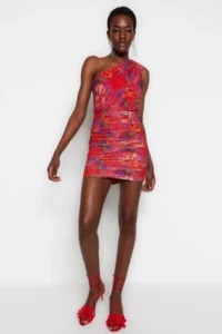 TRENDYOLMİLLA Multicolored Lined Fitted flower patterned Short Chic Evening Gown Gece Graduation Dress - Image 3