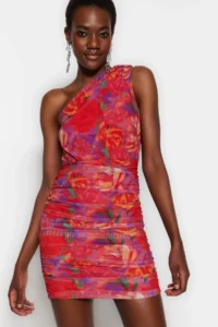 TRENDYOLMİLLA Multicolored Lined Fitted flower patterned Short Chic Evening Gown Gece Graduation Dress - Image 4
