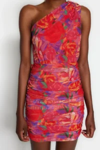 TRENDYOLMİLLA Multicolored Lined Fitted flower patterned Short Chic Evening Gown Gece Graduation Dress - Image 5