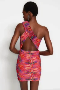 TRENDYOLMİLLA Multicolored Lined Fitted flower patterned Short Chic Evening Gown Gece Graduation Dress - Image 6