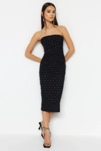 TRENDYOLMİLLA Black Body-Fitting Lined Shiny Stone Weaving Chic Evening Gown Gece Graduation Dress
