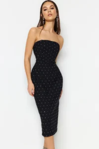 TRENDYOLMİLLA Black Body-Fitting Lined Shiny Stone Weaving Chic Evening Gown Gece Graduation Dress - Image 2