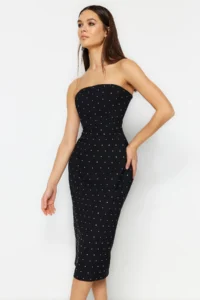 TRENDYOLMİLLA Black Body-Fitting Lined Shiny Stone Weaving Chic Evening Gown Gece Graduation Dress - Image 3