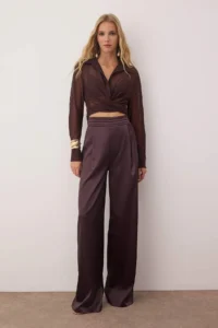 TRENDYOLMİLLA Brown Plain Weaving Satin Elegant/Evening Pants