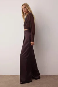 TRENDYOLMİLLA Brown Plain Weaving Satin Elegant/Evening Pants - Image 2