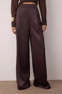 TRENDYOLMİLLA Brown Plain Weaving Satin Elegant/Evening Pants - Image 3
