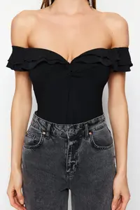 TRENDYOLMİLLA Black Flounce Detailed Frilly snaps Knitting Bodysuit .D.00014 - Image 4