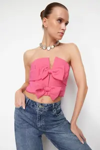 TRENDYOLMİLLA Pink Crop Bow Detailed Weaving Bustier - Image 2