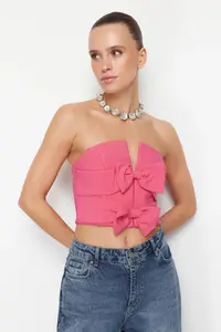 TRENDYOLMİLLA Pink Crop Bow Detailed Weaving Bustier - Image 3