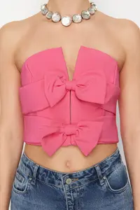 TRENDYOLMİLLA Pink Crop Bow Detailed Weaving Bustier - Image 5