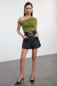 TRENDYOLMİLLA Oil Green Plain Asymmetric Collar Sleeveless Knitting Sandy Elegant/Evening Blouse - Image 2