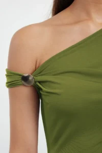 TRENDYOLMİLLA Oil Green Plain Asymmetric Collar Sleeveless Knitting Sandy Elegant/Evening Blouse - Image 3