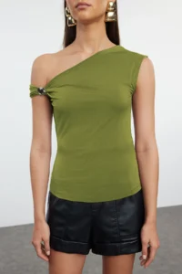 TRENDYOLMİLLA Oil Green Plain Asymmetric Collar Sleeveless Knitting Sandy Elegant/Evening Blouse - Image 4