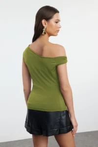 TRENDYOLMİLLA Oil Green Plain Asymmetric Collar Sleeveless Knitting Sandy Elegant/Evening Blouse - Image 5