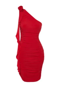 TRENDYOLMİLLA Rejection Draped Rose and Frilly Knitting Short / Mini Chic Evening Gown Gece Graduation Dress - Image 7
