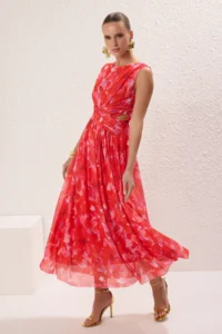 TRENDYOLMİLLA Pink-Multicolored A-Cut Cut Out/Window Detailed Flight Tulle Evening Gown Graduation Dress - Image 2