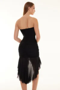 TRENDYOLMİLLA Black Fitted Ruffle Detailed Knitting Tulle Dress - Image 6