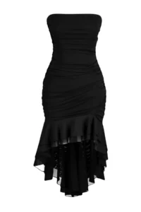 TRENDYOLMİLLA Black Fitted Ruffle Detailed Knitting Tulle Dress - Image 7