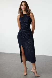 TRENDYOLMİLLA Navy Blue shiny Pullu Sequin LONG Evening Gown Gece Graduation Dress - Image 3