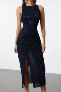 TRENDYOLMİLLA Navy Blue shiny Pullu Sequin LONG Evening Gown Gece Graduation Dress - Image 4