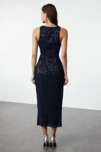 TRENDYOLMİLLA Navy Blue shiny Pullu Sequin LONG Evening Gown Gece Graduation Dress - Image 6