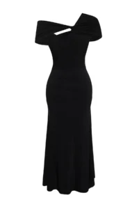 TRENDYOLMİLLA Black A-Kesim Asymmetric Yaka Knitting Chic Evening Gown Dress - Image 8