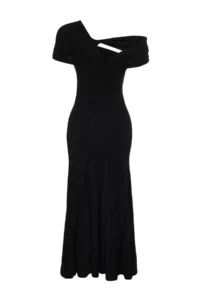 TRENDYOLMİLLA Black A-Kesim Asymmetric Yaka Knitting Chic Evening Gown Dress - Image 9