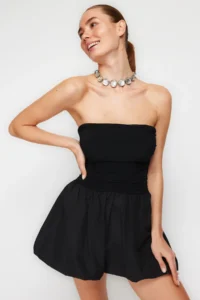 TRENDYOLMİLLA Black A-Kesim Weaving Short Chic Evening Gown Gece Graduation Dress