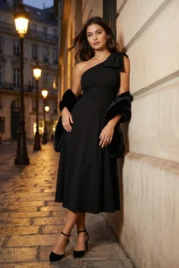 TRENDYOLMİLLA Black A-Cut Bow Detailed Weaving Chic Evening Gown Gece Graduation Dress