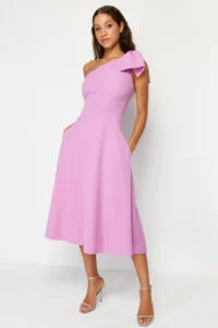 TRENDYOLMİLLA Pink A-Cut Bow Detailed Weaving Chic Evening Gown Night Graduation Dress - Image 3