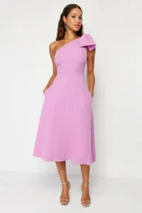 TRENDYOLMİLLA Pink A-Cut Bow Detailed Weaving Chic Evening Gown Night Graduation Dress - Image 5