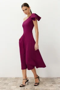 TRENDYOLMİLLA Plum A-Cut Bow Detailed Weaving Chic Evening Gown Dress