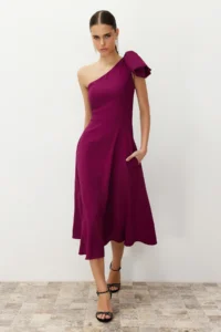 TRENDYOLMİLLA Plum A-Cut Bow Detailed Weaving Chic Evening Gown Dress - Image 2